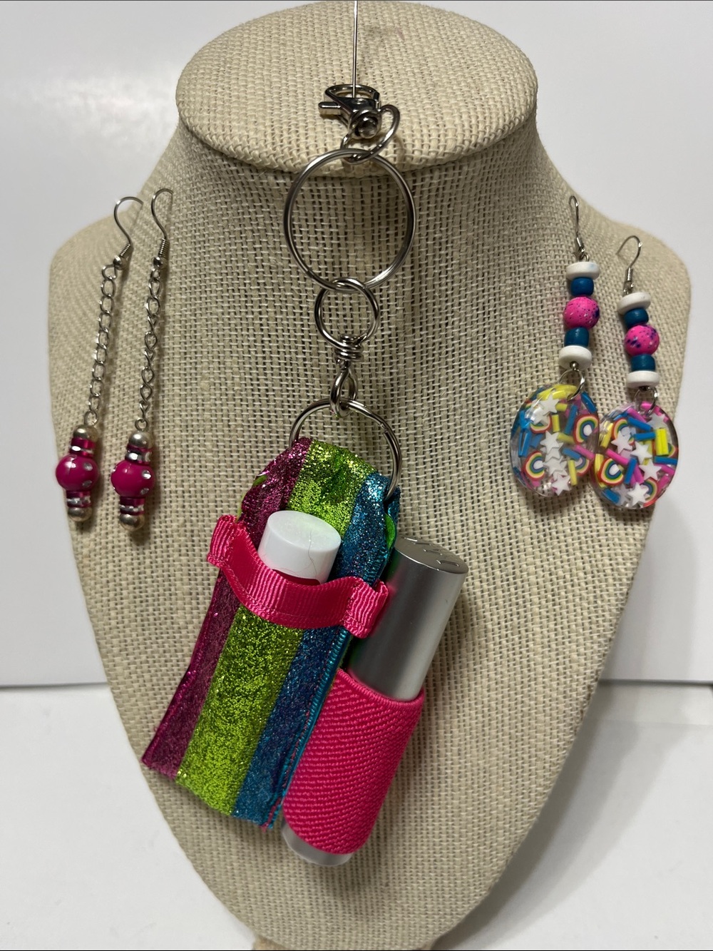 Glitter Stripe Lip Balm & Spray Keychain Pouch Purse Charm 2 pairs Earrings